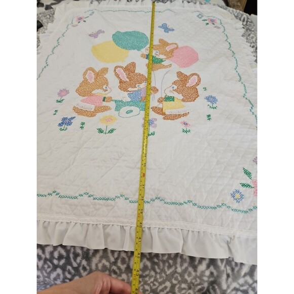 Handmade Baby Blanket Embroidered Cross Stitch Bunnies Ruffled Edge 42" X 33" - Picture 2 of 15